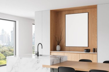 Mermer adalı modern mutfak, ahşap paneller, minimalist mobilyalar ve dekorlar, şehir manzaralı büyük pencereler. 3B Hazırlama
