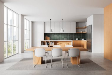 Modern mutfak ve yemek odası, temiz hatlar, minimalist ahşap ve beyaz stil, yeşil kiremit kaplama, ve büyük pencereler. 3B Hazırlama