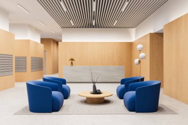 Mavi şezlonglar, ahşap duvarlar ve tarafsız arka planda minimalist bir ortamda resepsiyon masası. Zarafet kavramı. 3B Hazırlama