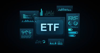 Parlak finansal grafikleri olan dijital ETF paneli, karanlık bir arkaplanda fütüristik bilgi elemanları ve veri analizi. Ticaret kavramı. 3B Hazırlama