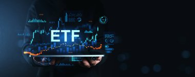 Işıldayan hisse senedi grafikleri ve analizleriyle ETF 'nin dijital temsili, fütüristik stil, karanlık altyapı, finansal yatırım teknolojisi kavramı