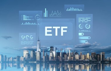 New York şehrinin ufuk çizgisi fütüristik dijital grafiklerle kaplı, ETF ile ilgili finansal konsept, mavi arkaplan üzerine modern iş teması