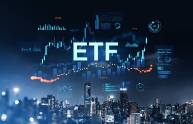 ETF ticaret şeması ve veri arayüzü, dijital grafik tarzında modern finans kavramı, gece Bangkok şehir manzarası üzerinde örtüşür