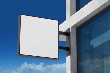 Modern bina duvarında boş kare tabela modeli, gerçekçi 3D oluşturma biçimi, açık mavi gökyüzü ve bulutlu arkaplan, markalaşma konsepti
