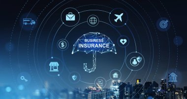 Sağlık, seyahat ve finans gibi hizmet ikonları ile etiketlenmiş dijital şemsiye parlayan bir şehir manzarası arka planı üzerinde, kapsama kavramını sembolize eder