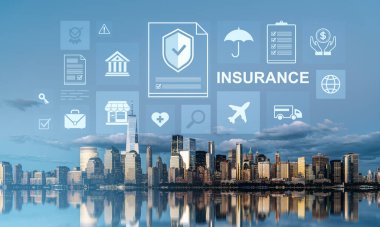 New York şehrinin ufuk çizgisi üzerinde dijital simgelerle modern sigorta kavramı ve su yansıması, kentsel ABD bağlamında mali korumayı temsil ediyor