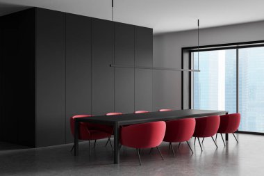 Minimalist bir alanda kırmızı sandalyeli uzun bir masa, temiz çizgiler, beton zemin, büyük pencereler, kentsel manzara, 3D görüntüleme
