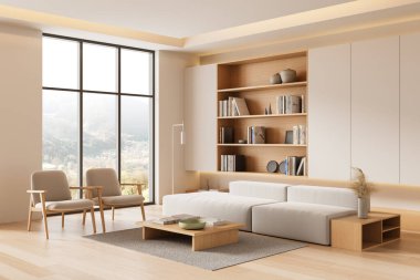 Samimi mobilyalar, nötr palet, ahşap aksanlar, büyük pencereler ve parlak çağdaş bir oturma odasında minimalist dekorla modern bir iç mimari. 3B Hazırlama