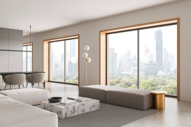 Minimalist mobilyaları, mermer sehpası ve şehir manzarasına bakan büyük panoramik pencereleri olan modern iç mekan. 3B Hazırlama