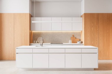 Modern mutfak iç mimarisi, beyaz dolap, aydınlık ahşap duvarlar, ve tarafsız arka planda taş kaplama. Minimalist ev dekorasyonu kavramı. 3B Hazırlama