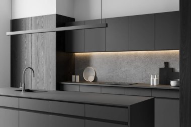 Modern mutfak iç mimarisi, temiz karanlık dolap, taş kaplama, minimalist dekor ve entegre ışıklandırma. Işık arkaplan üzerinde 3B oluşturma