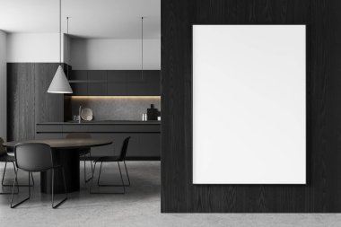 Boş çerçeveli poster modeli modern iç mekan, temiz tarz, koyu ahşap duvar arkaplanı, tasarım şablonu veya telif alanı görüntüsü konsepti. 3B Hazırlama