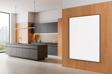 Çağdaş mutfak iç dekorasyonu parlak gri dolaplar ve ada, ahşap panel duvar ve beton zemin üzerinde geniş dikey boş çerçeve. 3B Hazırlama