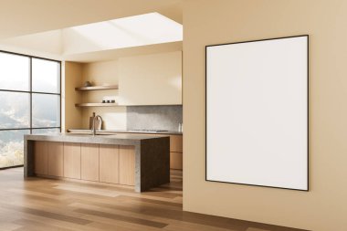 Minimalist mutfak içi ahşap ve taş elementlerle dolu, bej duvarda büyük boş bir poster, yumuşak doğal ışık, temiz düzen ve tasarım kavramı. 3B Hazırlama