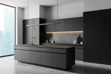 Pürüzsüz minimalist dolapları, pürüzsüz yüzeyleri ve gri tonlu beton zemini olan modern mutfak, şehir manzaralı arka plan. 3B Hazırlama