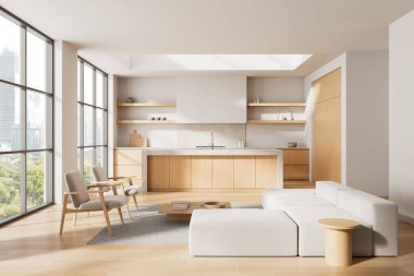 Modern iç mekan, açık mutfak ve oturma odası, sıcak ahşap tonlar, yumuşak tarafsız mobilyalar, büyük pencereler, gün ışığı, rahat yaşam tarzı. 3B Hazırlama