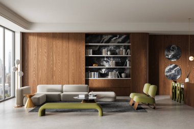 Minimalist bej ve yeşil mobilyaları olan modern oturma odası, ahşap paneller, soyut duvar resimleri, ve temiz bir açık alanda kitaplık. 3B Hazırlama