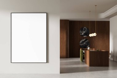 Modern iç mekanda boş poster modeli, temiz bir düzen, beyaz duvar, ahşap aksanlar, kolye ışıkları ve tuval konsepti. 3B Hazırlama