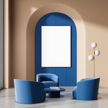 Üç mavi koltuklu, yuvarlak kahve masalı, minimalist tasarımlı, bej ve mavi kemerli duvar zeminli modern iç mekan. 3B Hazırlama