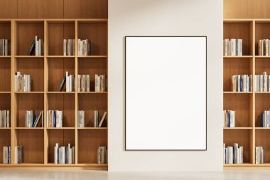 Modern iç mekanda ahşap kitap rafları, temiz ışık duvarı arkaplanı, tasarım sunumu konsepti veya ürün sunumu, 3D oluşturma ile dikey poster modeli