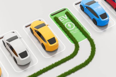 Elektrikli arabalar yeşil bir EV 'nin yanındaki boşluklara park edilmiş, çimen yolu olan, minimum 3D rendering tarzında, beyaz arka planda, ekolojik hareketlilik kavramı