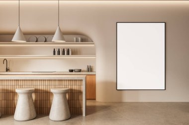 Duvarında boş bir dikey poster olan çağdaş mutfak sahnesi, modern asgari stil, tarafsız arka plan, temiz tasarım modelleme konsepti. 3B Hazırlama