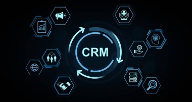 Koyu arkaplanda AI, veri, pazarlama, iletişim ve analiz için parlayan mavi simgelere sahip CRM dijital sistem kavramı. 3B Hazırlama