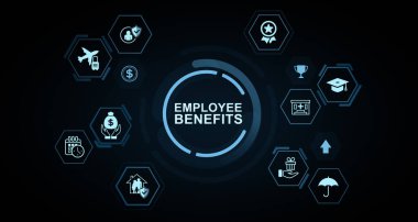 İşçi hakları simgelerini gösteren dijital arayüz sağlık, tatil, sigorta, ödüller ve eğitim dahil olmak üzere parlayan mavi 3D canlandırma kavramı