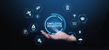 Koyu mavi arkaplan üzerinde bir elin üzerinde çeşitli çalışan faydalarını gösteren dijital resim, işyeri ödüllerini ve tazminat seçeneklerini sembolize ediyor