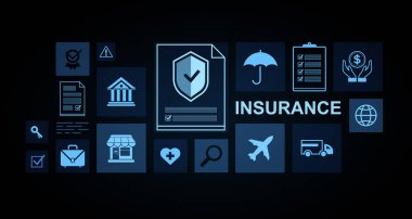 Kalkan, şemsiye, kontrol listesi ve koyu arka planda dijital tarzda sağlık sembolleri içeren mavi renkli sigorta simgeleri. Finansal koruma kavramı. 3B Hazırlama