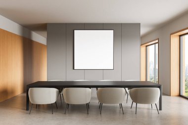 Gri duvarında boş kare çerçeve olan modern iç mekan konferans odası, karanlık masa etrafında bej sandalyeler, büyük pencereler, ahşap paneller. Çalışma alanı kavramı. 3B Hazırlama
