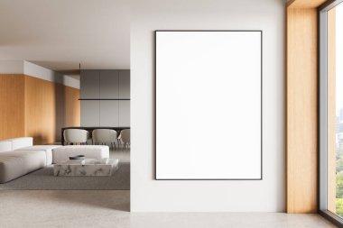 Beyaz duvarda boş bir poster, modern mobilyalar, ahşap aksanlar ve minimalist odada mermer bir masa. 3B Hazırlama