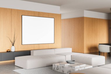 Modern oturma odasının içinde ahşap duvarda boş bir poster, temiz mobilya düzeni ve mermer dokuma masası var. 3 Boyutlu Hazırlama konsepti