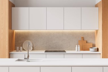 Minimalist tasarımı olan modern beyaz mutfak, ahşap detaylar, taş kaplama, tarafsız arka planda hafif ışıklandırma. Şık yemek alanı kavramı. 3B Hazırlama
