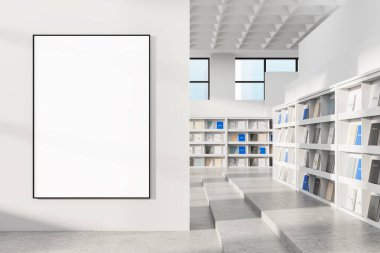 Modern temiz iç dekorasyonda, rafları ve pencereleri olan beyaz duvarda dikey çerçeveli boş poster modeli, reklam konsepti veya ürün düzeni. 3B Hazırlama