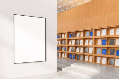 Modern iç mekanda beyaz duvarda, içi dergilerle dolu ahşap kitaplık tasarım ve reklamcılık için minimum düzenle dolu boş bir dikey poster. 3B Hazırlama