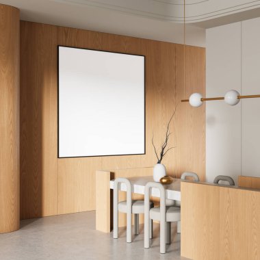 Ahşap panelli duvarları, nötr sandalyeleri olan modern yemek odası ve hafif arka planda minimalist tarzda soyut bir dekor. 3B Hazırlama