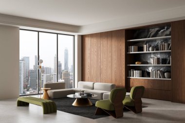 Modern mobilyalarla, ahşap kaplamalarla ve dekoratif kitaplıklarla dolu çağdaş bir oturma odası. 3B Hazırlama