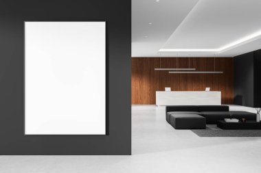 Modern ofis içinde karanlık duvarda boş bir poster, resepsiyon masası, minimalist tasarım, beyaz zemin ve ahşap zemin. 3B Hazırlama