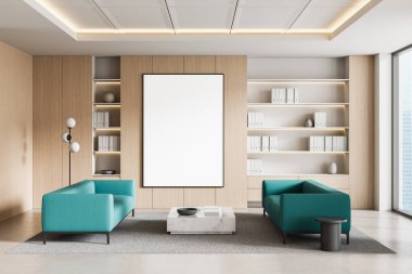 Çağdaş iç tasarım ahşap duvarda boş poster, turkuaz kanepeler, mermer masa ve dekorlu raflar, üç boyutlu tasarım, temiz düzen