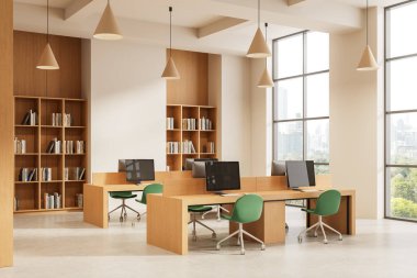 Ahşap masalar, bilgisayarlar, yeşil sandalyeler, kitaplıklar ve büyük pencereli parlak bir odada kolye ışıkları olan modern bir kütüphane. 3B Hazırlama