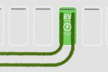 Çevre taşımacılığı ve sürdürülebilirlik kavramını temsil eden, beyaz arka planda çimen şeritli yeşil ile işaretlenmiş bir elektrikli araç şarj istasyonunun üst görüntüsü. 3B Hazırlama