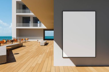 Modern terasta, okyanus manzaralı, ahşap döşemeli ve doğal gün ışığında şık mobilyaları olan boş, dikey bir poster modeli. 3B Hazırlama