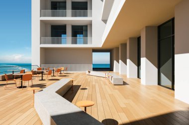 Modern turuncu sandalyeli açık hava terası ve minimalist beton banklar, temiz mimari tasarım, ahşap döşeme, okyanus manzarası, 3D görüntüleme