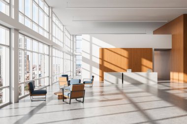 Modern iç tasarıma sahip modern ofis lobisi, doğal ahşap aksanlar ve mobilyalar, güneşli pencereler, beton zemin ve şehir manzarası. 3B Hazırlama