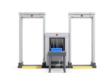 Metal detektörlü ve bagaj tarayıcılı güvenlik kontrol noktası mavi tepsi, temiz beyaz arka plan, 3D görüntüleme, havaalanı taraması konsepti
