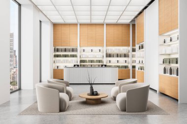 Yumuşak bej koltukları, ahşap dolapları, ürün rafları ve şehir manzaralı pencereleri olan şık bir iç mekan. 3B Hazırlama