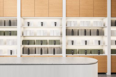 Minimalist rafları, çeşitli krem ürünleri, nötr ambalajları, ahşap dolapları ve parlak bir tezgahı olan modern bir kozmetik mağazasının içi. 3B Hazırlama