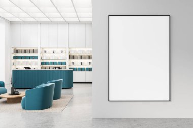 Temiz duvar, mavi sandalyeler ve sayaç ile modern parlak iç mekanda boş dikey poster modeli, 3 boyutlu tasarım, markalaşma ve ürün düzeni konsepti