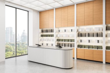 Ahşap dolaplı çağdaş depolama iç tasarımı, gösterişli ürün gösterimleri, ve beyaz bir odada eğri büğrü tezgah, dışarıdaki şehir manzarası, 3D görüntüleme